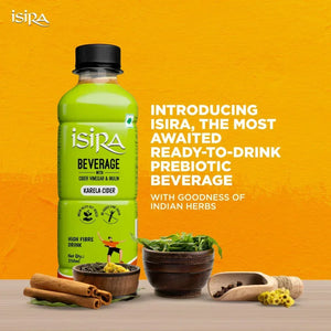 Isira Karela Cider prebiotic beverage bottle with Indian herbs and spices on orange background