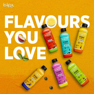 Isira beverage bottles in various flavors including apple, amla & turmeric, jamun, and karela cider on yellow background