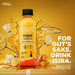 Isira beverage bottle with sports equipment on a yellow background