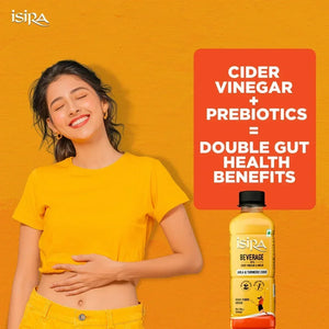 Smiling woman in yellow outfit with hand on stomach next to Isira Amla & Turmeric Cider bottle and gut health benefits text