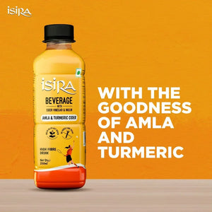Isira Amla & Turmeric Cider beverage bottle with cider vinegar and inulin on orange background