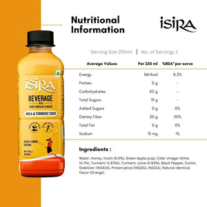 Isira Amla & Turmeric Cider beverage bottle with nutritional facts and ingredients on white and yellow background