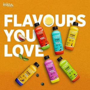 Isira beverage bottles in six flavors on orange background with text 'Flavours You Love' and fruit accents