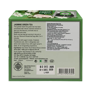 Back label of Jasmine Green Tea box with product details, ingredients, and expiry date.