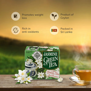 Box of jasmine green tea with tea cup, jasmine flowers, and health benefits icons on table