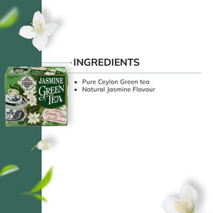 Jasmine green tea box with tea set, jasmine flowers, and ingredient list highlights.