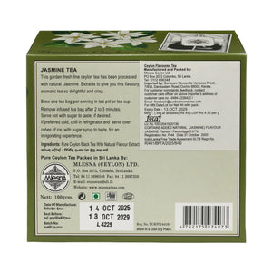 Back view of a green Jasmine tea box with product details, ingredients, and floral design