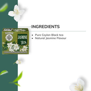 Box of jasmine tea with jasmine flowers, and ingredients listed: Pure Ceylon black tea, natural jasmine flavour