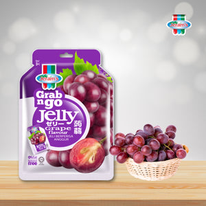 Jeram's Grab n go Jelly packaging with grapes on a wooden surface and blurred background