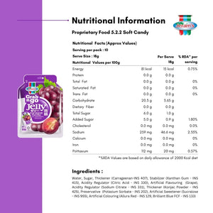 Nutritional information and product packaging of a Jeram's jelly product on a purple background