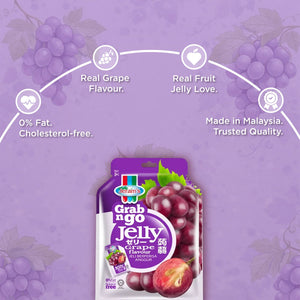 Grape flavored jelly pouch with real grape images and nutritional highlights on a purple background