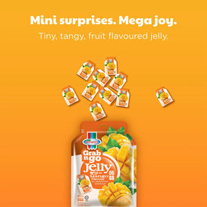 Mango flavoured jelly candy pack with individual mini jelly pods on orange background