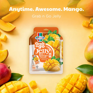 Mango flavored jelly pouch with diced mangoes on yellow background, Grab n Go Jelly product