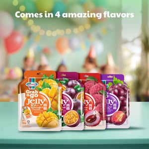 Assorted Grab n Go fruit jelly pouches in mango, passionfruit, lychee, grape flavors on a table