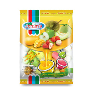 Jeram's Mini Fruity Pudding pack with mixed fruit flavors like mango, apple, strawberry, melon, and durian