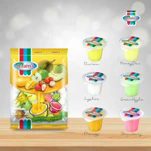 Jeram's Mini Fruity Pudding packaging with six pudding cup flavors: durian, honeydew, lychee, green apple, mango, strawberry