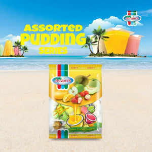 Jeram's mini fruity pudding pack on a sandy beach with colorful pudding islands and tropical palm trees