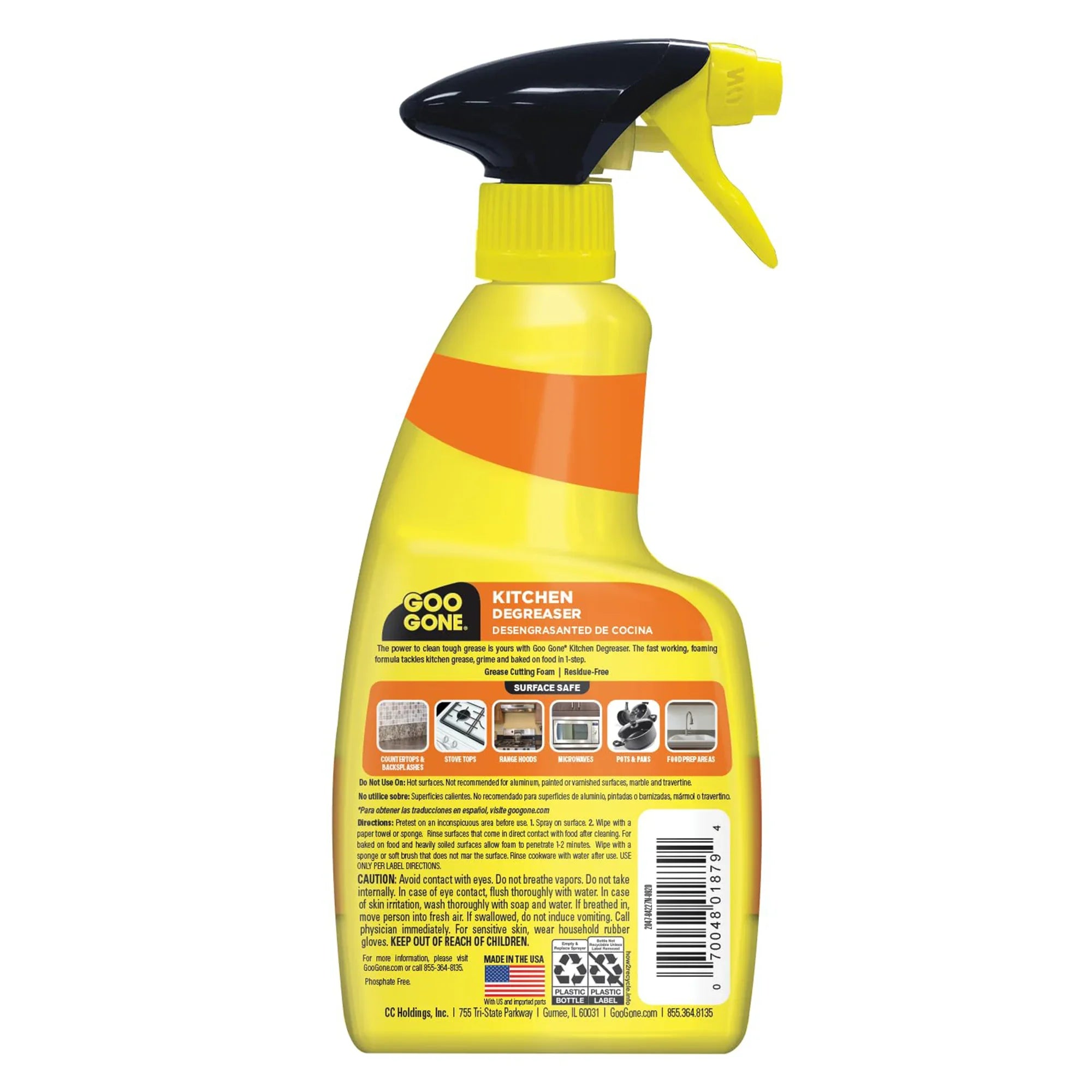 Goo Gone Kitchen Degreaser spray bottle, yellow and orange label, foaming grease cleaner for countertops, stoves, and pans