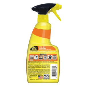 Goo Gone Kitchen Degreaser spray bottle, yellow and orange label, foaming grease cleaner for countertops, stoves, and pans