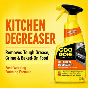 Goo Gone Kitchen Degreaser spray bottle with fast-acting foaming formula for grease and grime removal