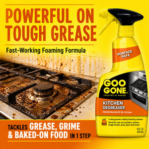 Goo Gone Kitchen Degreaser spray bottle for tough grease, grime, and baked-on food on stoves and counters