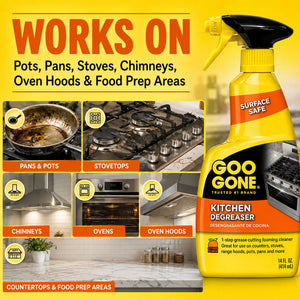 Goo Gone Kitchen Degreaser spray bottle with citrus power, cleans pots, pans, stoves, chimneys, ovens, and countertops.