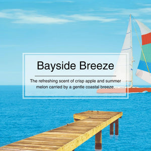 Sailing boat on a blue sea with a wooden dock and 'Bayside Breeze' text overlay.