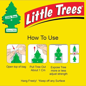Little Trees air freshener packaging with usage instructions on a yellow background