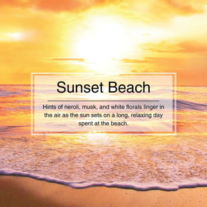 Sunset over a beach with text overlay