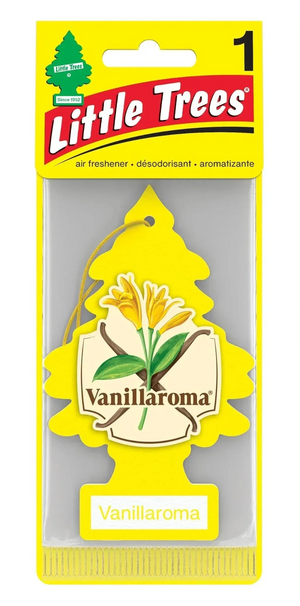 Little Trees Vanillaroma air freshener with yellow floral design in retail packaging