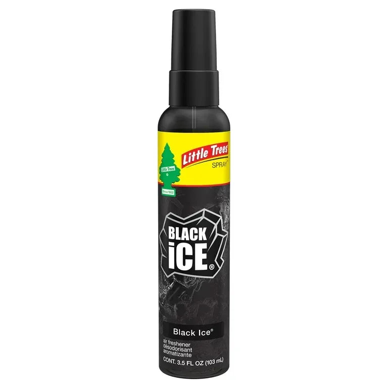 Little Trees Black Ice spray air freshener bottle, imported by Sunbeam Merchantile Ventures