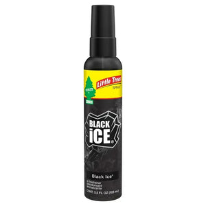 Little Trees Black Ice spray air freshener bottle, imported by Sunbeam Merchantile Ventures