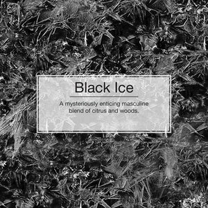 Black Ice label with citrus and wood scent description on frosty black ice background, Sunbeam Merchantile Ventures gourmet product.