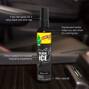 Little Trees Black Ice spray air freshener in a car, premium fragrance, 3.5 fl oz bottle