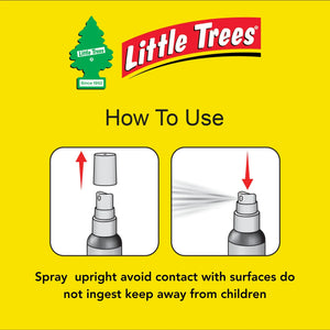 Little Trees Black Ice spray usage instructions with illustrations on yellow background, Sunbeam Merchantile Ventures imported product.