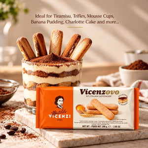 Matilde Vicenzi Vicenzovo Italian ladyfingers pack with a layered tiramisu dessert.