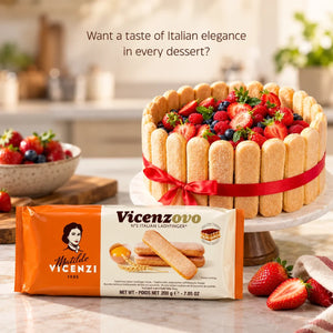 Vicenzovo Matilde Vicenzi Italian ladyfingers biscuit pack next to a berry charlotte cake.