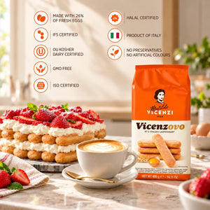 Matilde Vicenzi Vicenzovo Italian ladyfingers with a strawberry cake and coffee.