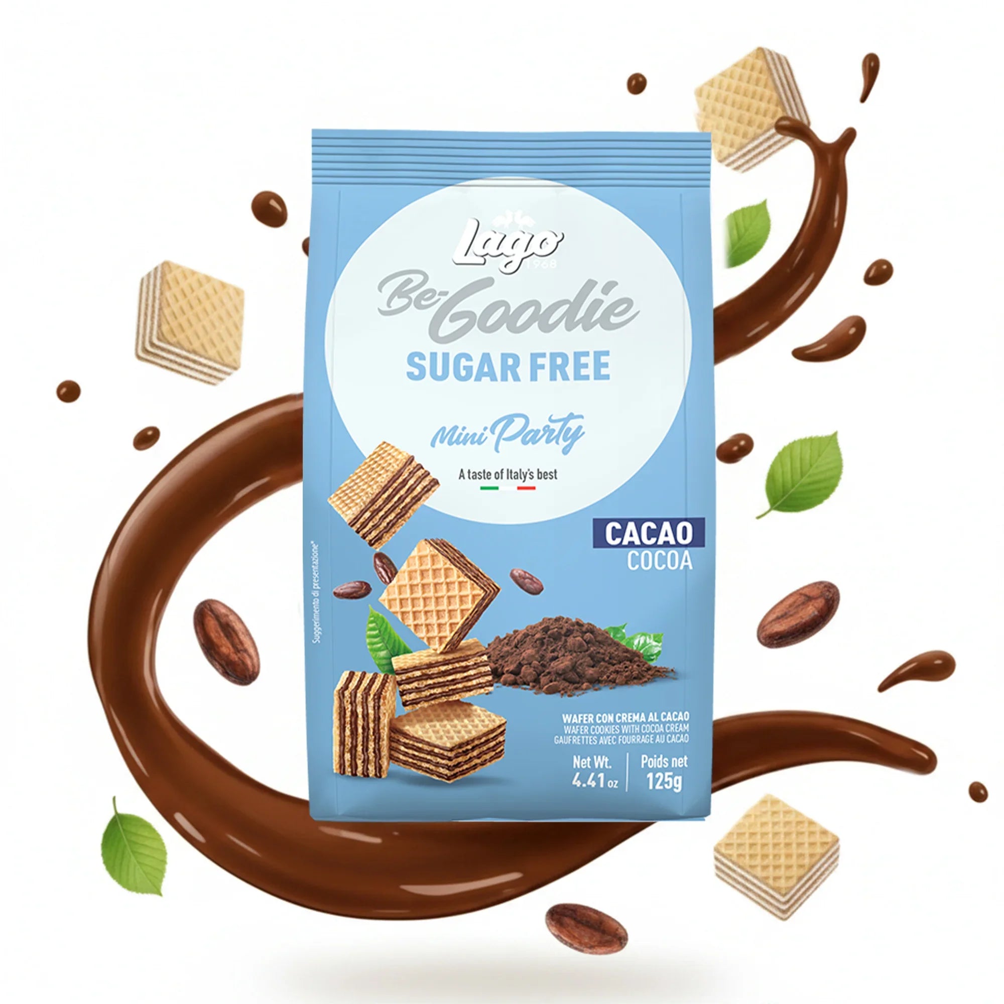 Sugar free cocoa cream wafer biscuits with cocoa, chocolate swirl, and green leaves on packaging.