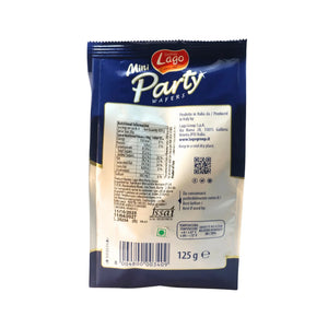 Back of a Lago Mini Party Wafers Cocoa Cream 125g pack showing nutritional info and barcode