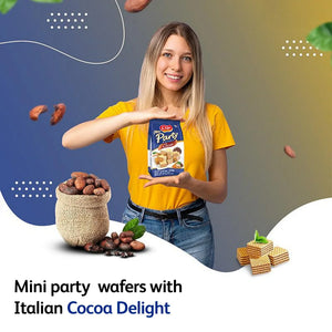 Woman holding package of mini party cocoa cream wafers with cocoa beans and wafers displayed