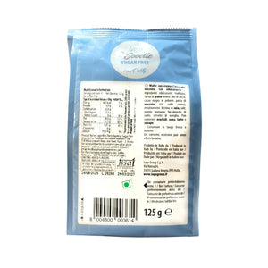 Back of Lago Mini Party Wafers Hazelnut Cream Sugar Free 125g showing nutrition and ingredients