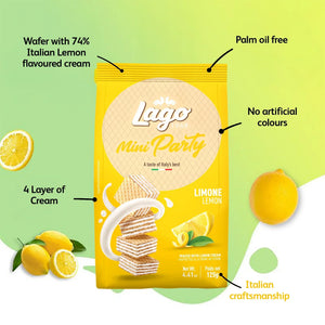 Lemon cream wafer snack pack with lemons, highlighting palm oil free and no artificial colors