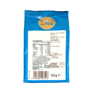 Back view of Lago Mini Party Wafers Vanilla Cream 125g pack showing nutrition facts and details