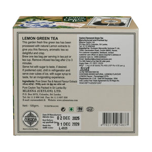 Back of a Mlesna Lemon Green Tea 100g box showing ingredients, directions, expiry date, and barcode