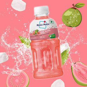 Mogu Mogu pink guava juice drink bottle with nata de coco and splashing water on pink background