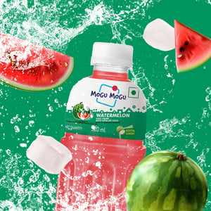 Mogu Mogu watermelon juice drink bottle surrounded by watermelon slices and ice cubes with water splash