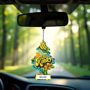 Little Trees Be Kind air freshener with banana and floral design hanging in a car, Sunbeam Merchantile.