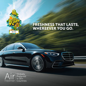 Little Trees Be Kind air freshener hanging in luxury car with 'Freshness that lasts' text, Sunbeam Merchantile imported FMCG product.