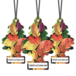 Little Trees Crisp Autumn Air hanging air fresheners with colorful fall leaves, imported by Sunbeam Merchantile Ventures.
